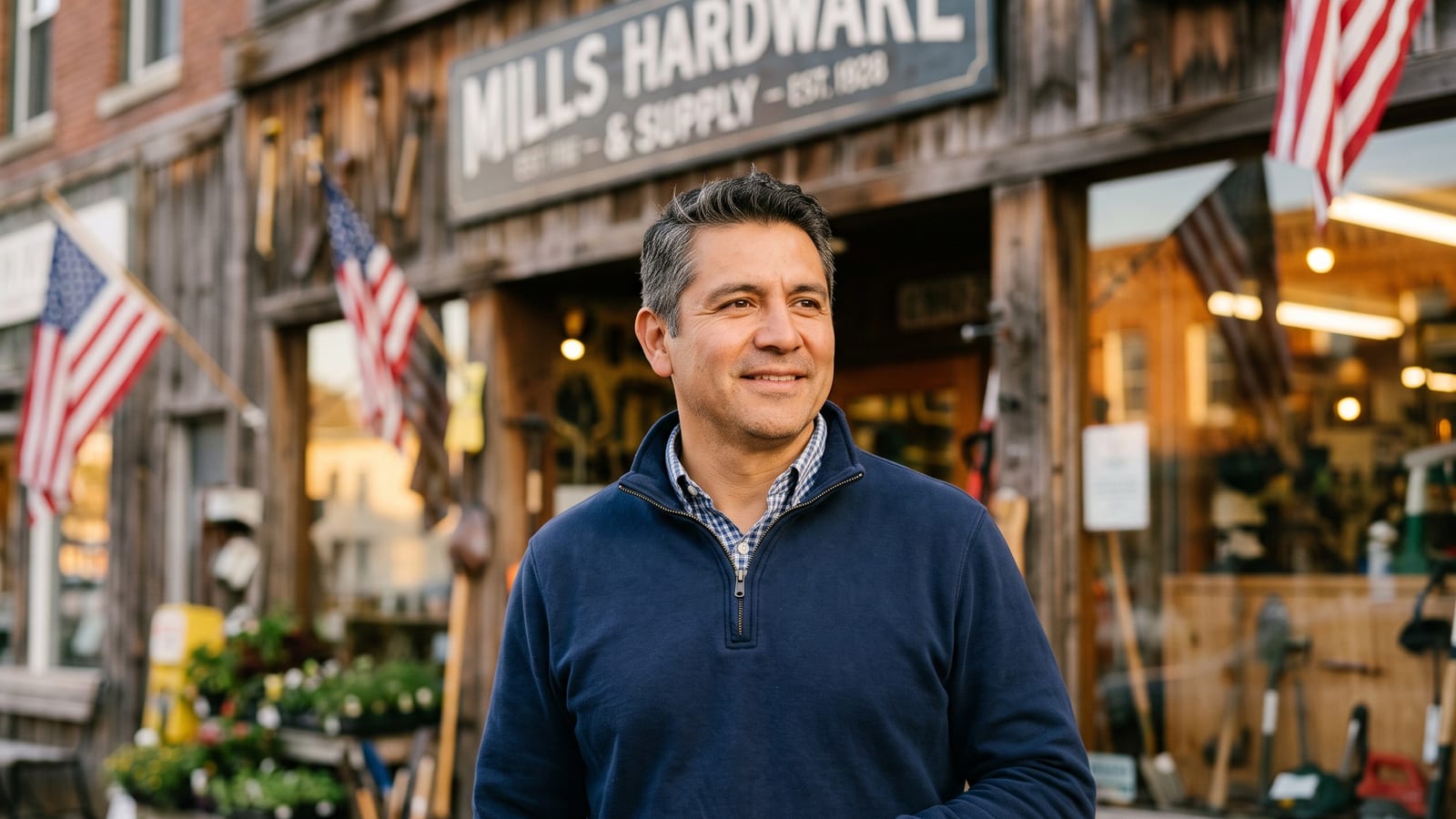Sam Rivera outside Rivera Hardware