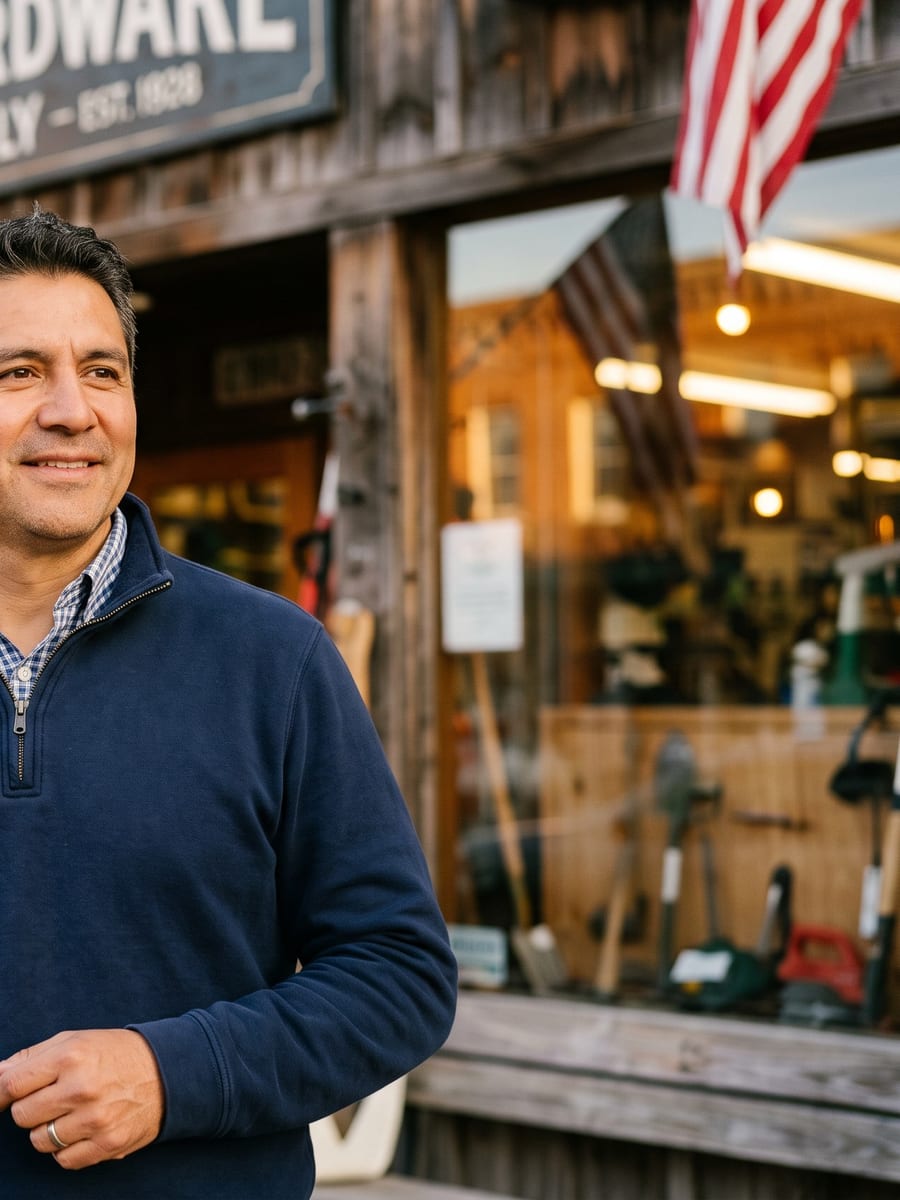 Sam Rivera outside Rivera Hardware