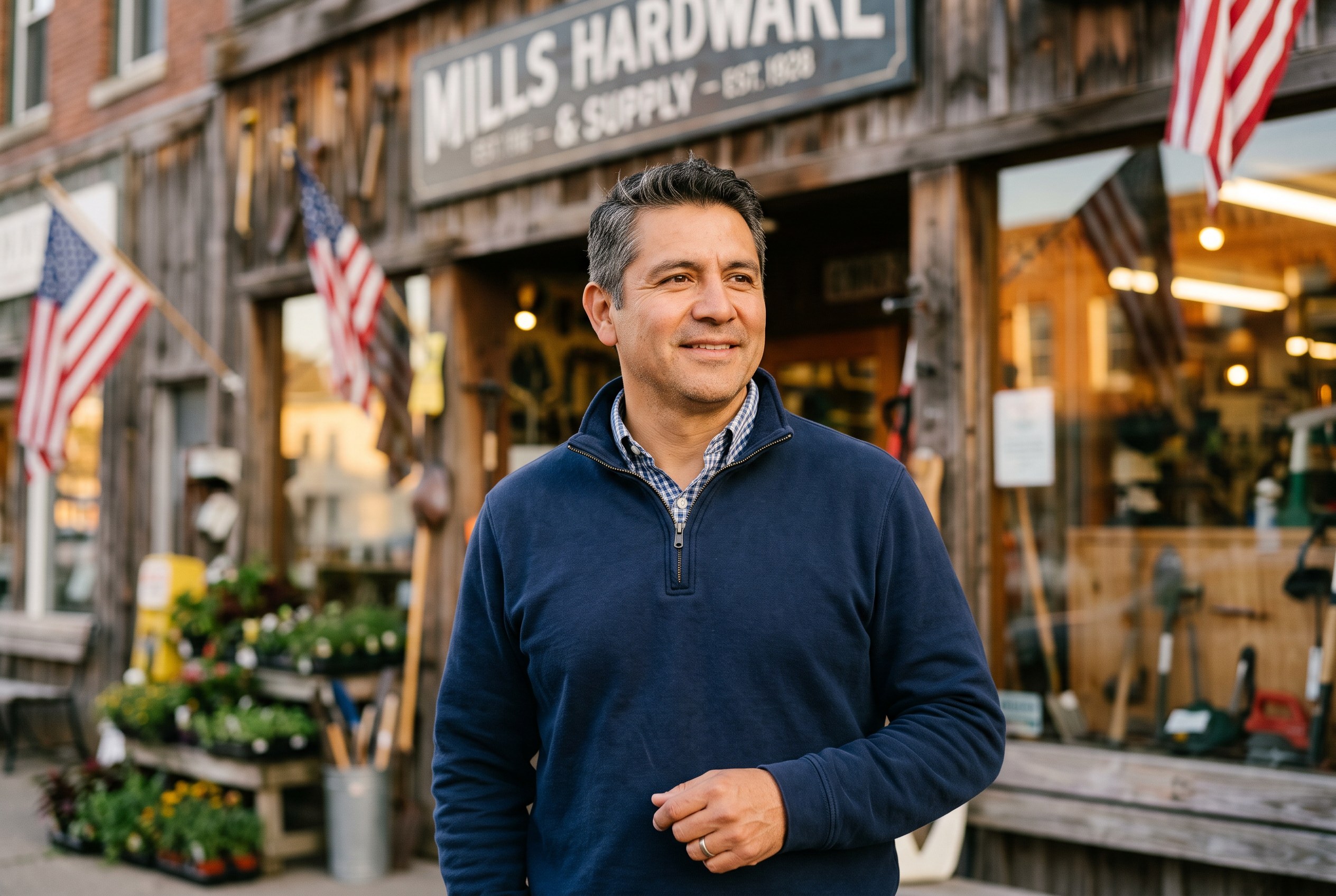 Sam Rivera outside Rivera Hardware